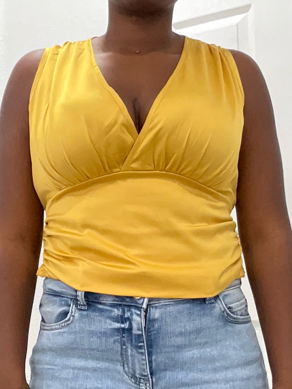 Sleeveless Golden Yellow Satin V-Neck Crop Top - Picture 3 of 3